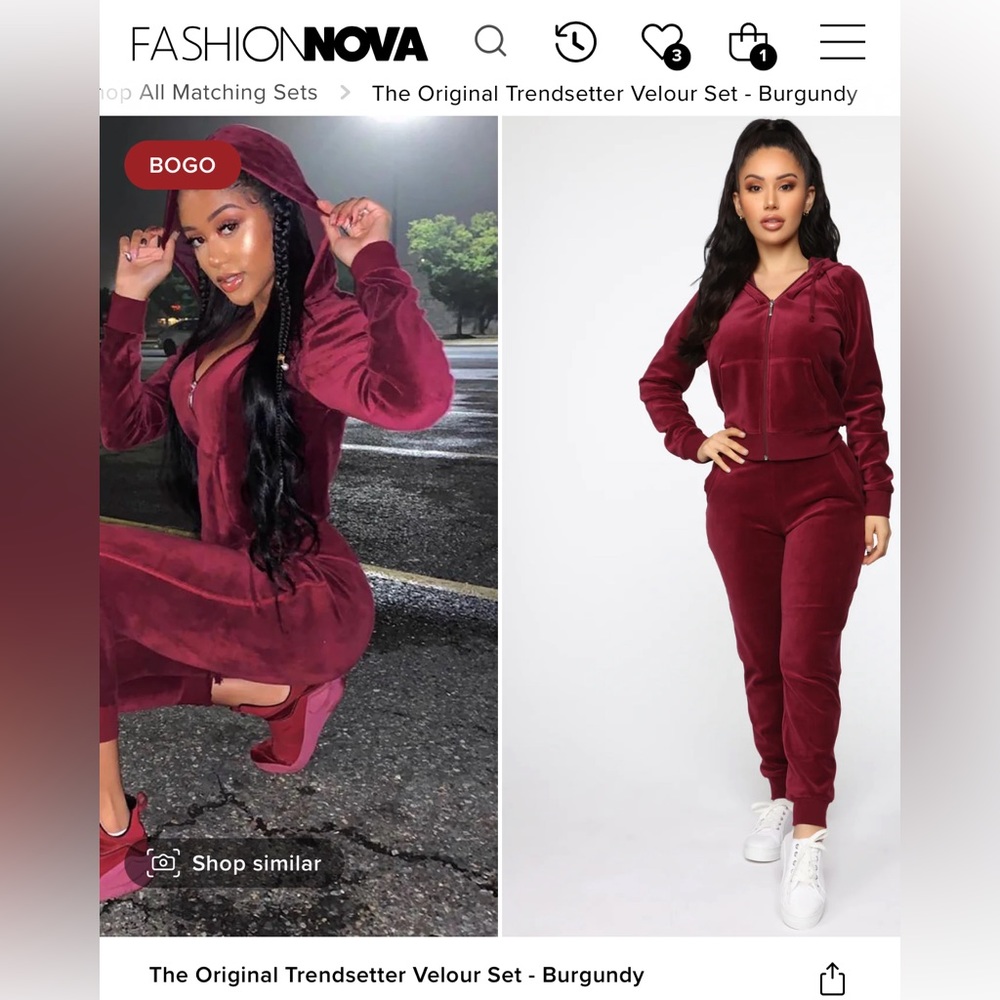BRAND NEW/NEVR WRN: The Original Trendsetter Burgundy Velour set from FASHONNOVA